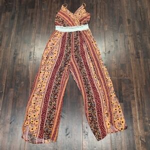 Justify Boho Floral Split Wide Leg Jumpsuit Womens Small V-neck Crochet Waist